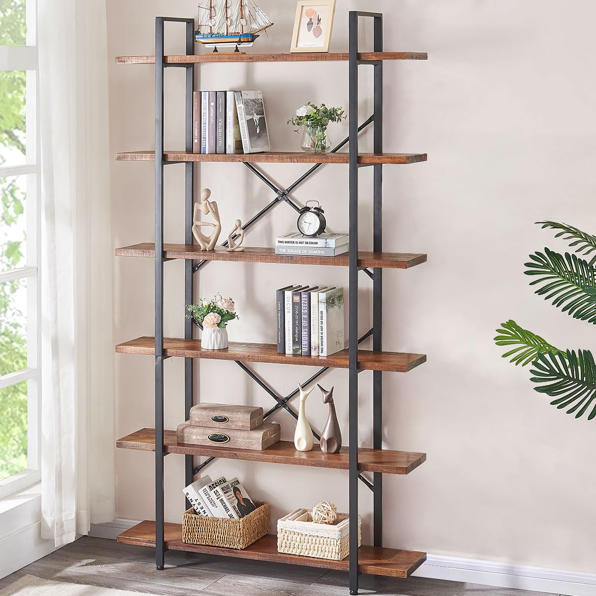 HSH Distressed Brown Solid Wood 6-Tier Industrial Bookcase with Sturdy Metal Frame HSH