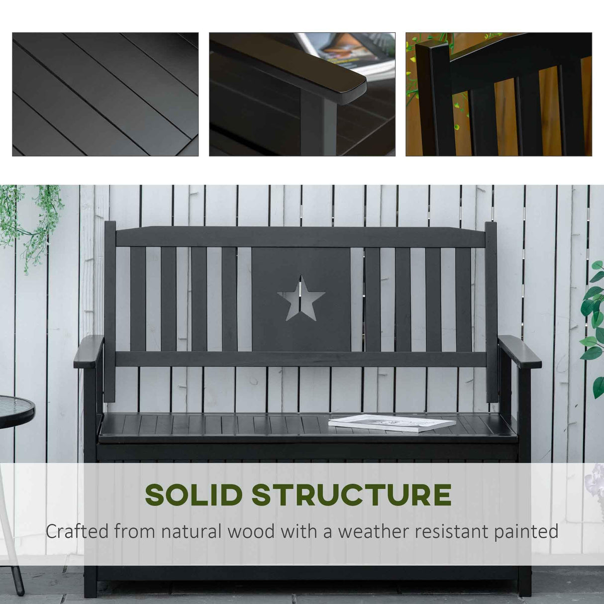 Outsunny 43 Gallon Outdoor Wooden Storage Bench with Backrest and Armrests, Black Star Motif Outsunny