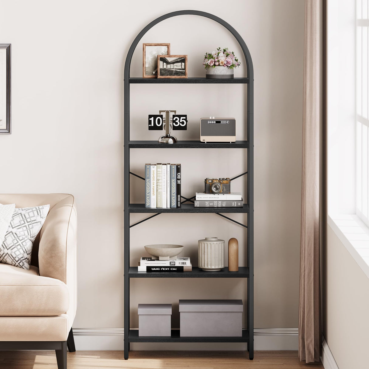 Klysiora 5 Tier Arched Bookcase Shelf Tall Bookcase with Storage Vertical Display Shelf Rack Modern Bookcase Wood and Metal Storage Shelving Unit for Bedroom, Living Room, Home Office, Black Klysiora
