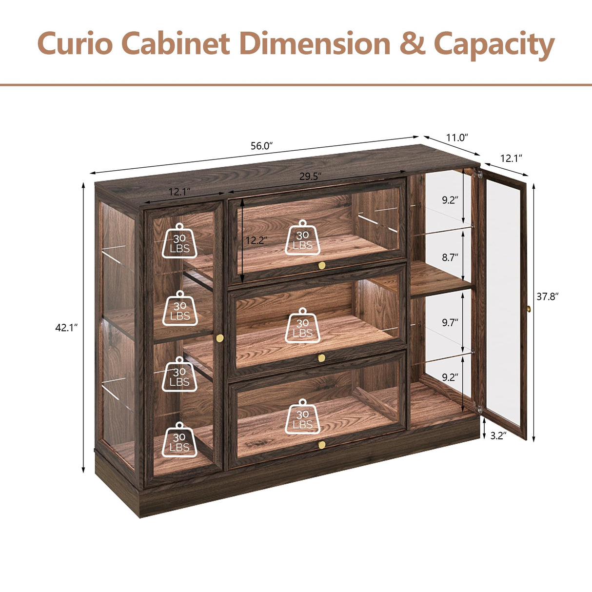 BONITURE Display Cabinet with Acrylic Glass Doors,Extra Wide Curio Cabinet with LED Lighting for Collectibles, Collectibles Toy Organizers Rack & Display Shelf Display Case, Walnut BONITURE