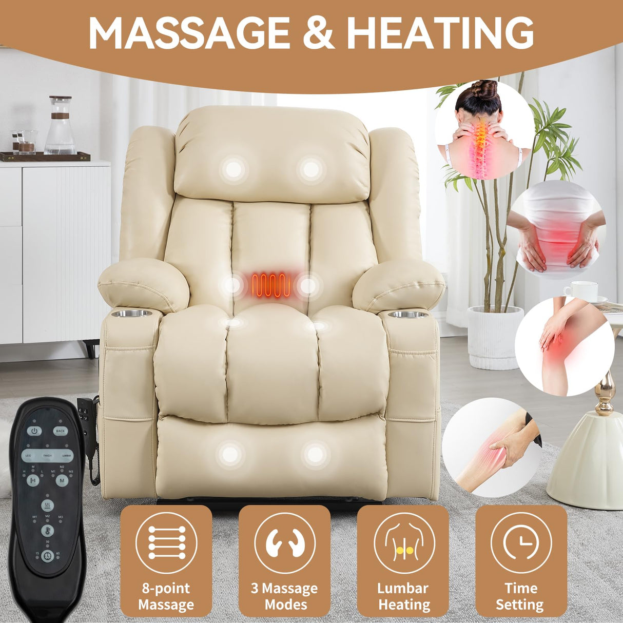 EZZUP Electric Lay Flat Recliner Chair with Vibration Massage Heat for Elderly People, Power Lift Chair with Dual Motor Cup Holders, Faux Leather Beige EZZUP