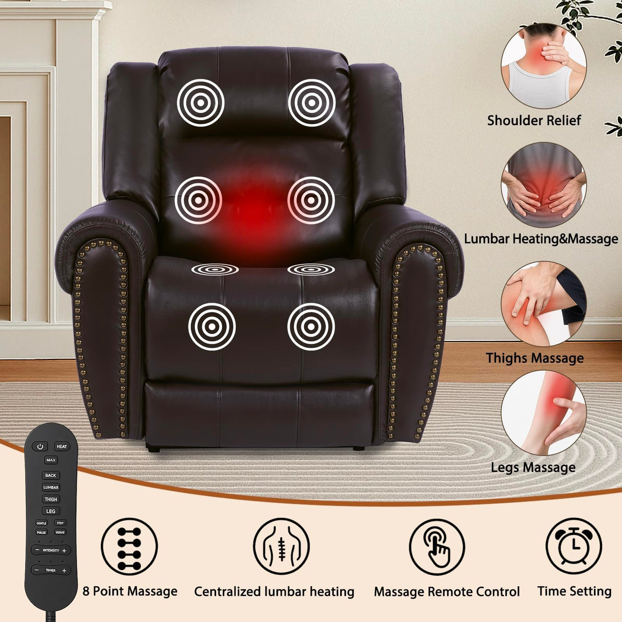 EONIX Classic Dual Motor Power Lift Recliner Chair for Elderly, 400lbs Heavy Duty Breathable Faux Leather Recliner with Heat and Massage, Lay Flat Lift Chair Recliner for Adults, SLRY005, Dark Brown EONIX