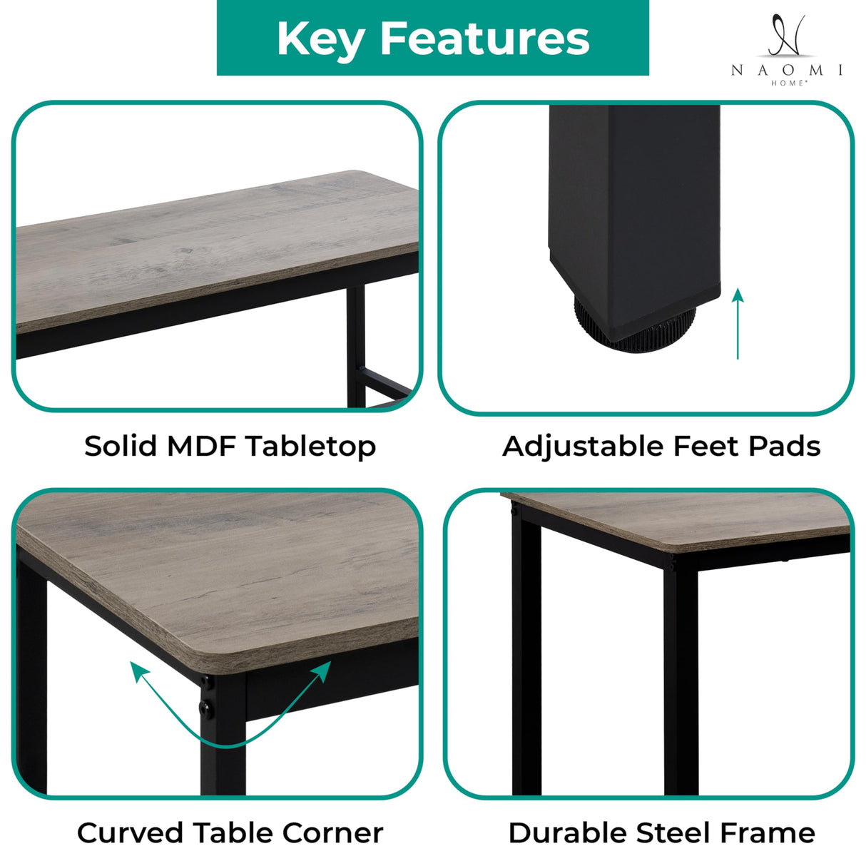 Naomi Home Paola 3-Piece Dining Table Set with 2 Benches – Compact Kitchen Table with Space-Saving Slide-Under Seating, Gray Engineered Wood Top & Steel Frame, Ideal for Apartments & Small Spaces Naomi Home