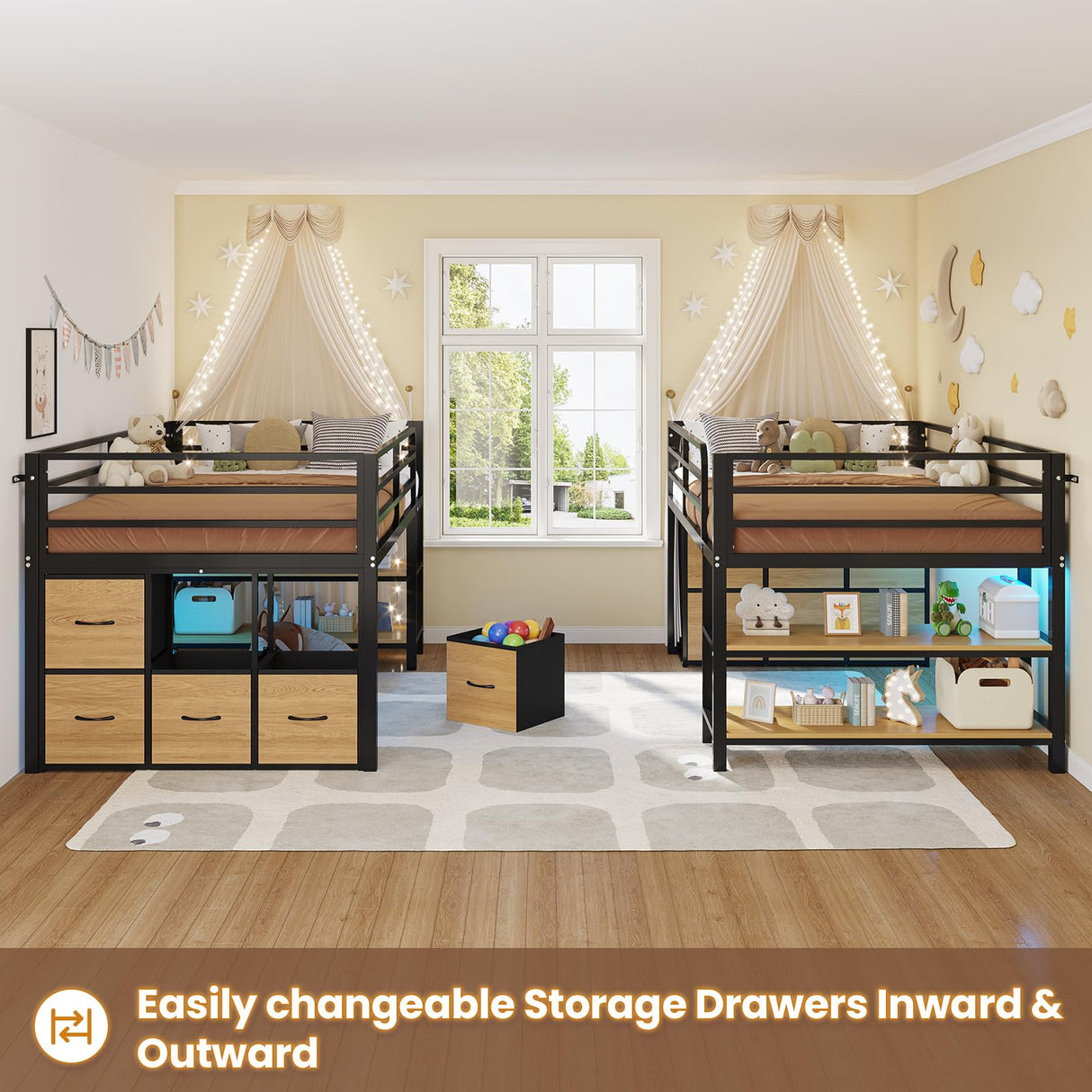 BTHFST Twin Size Low Loft Bed with 6 Fabric Storage Drawers, Metal Loft Bed Twin with LED Lights & Open Storage Shelves, 15" H Safety & Guardrail Stairs Loft Bed for Kids, Black & Natural BTHFST