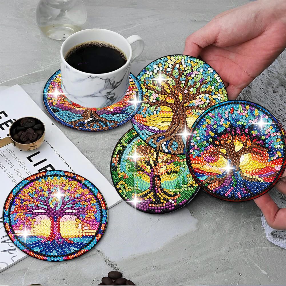 ijbnhd 8 PCS Tree of Life Diamond Art Coasters Diamond Painting Coasters Kits with Holder Tree of Life DIY Coasters for Beginners Adults Crafts Supplies 4X4inch (Cork Wooden Pad) ijbnhd
