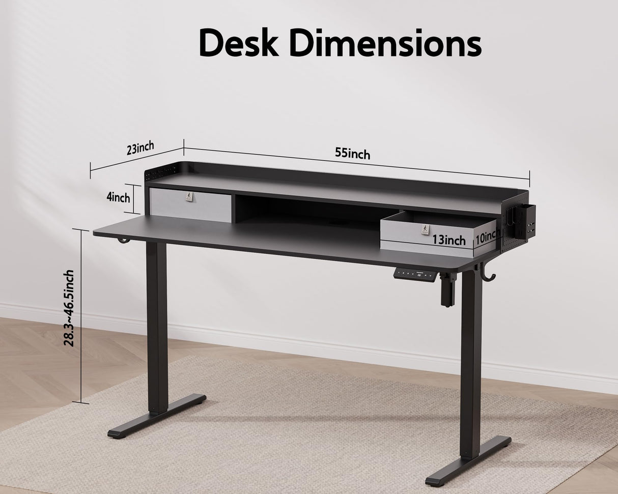 WALKINGDESK 55x24 Inches Electric Standing Desk with 2 Drawers, Height Adjustable Stand up Desk for Home Office, Ergonomic Sit to Stand Desk with Storage Shelf, DIY Board, Hooks, Black WALKINGDESK