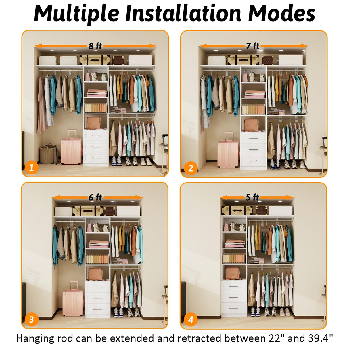 Stilar Closet System with Drawers, 5FT-8FT Closet Organizer System with Shelves & Expandable Hanging Rods, 96" Walk in Storage Closet System Wood, White Stilar