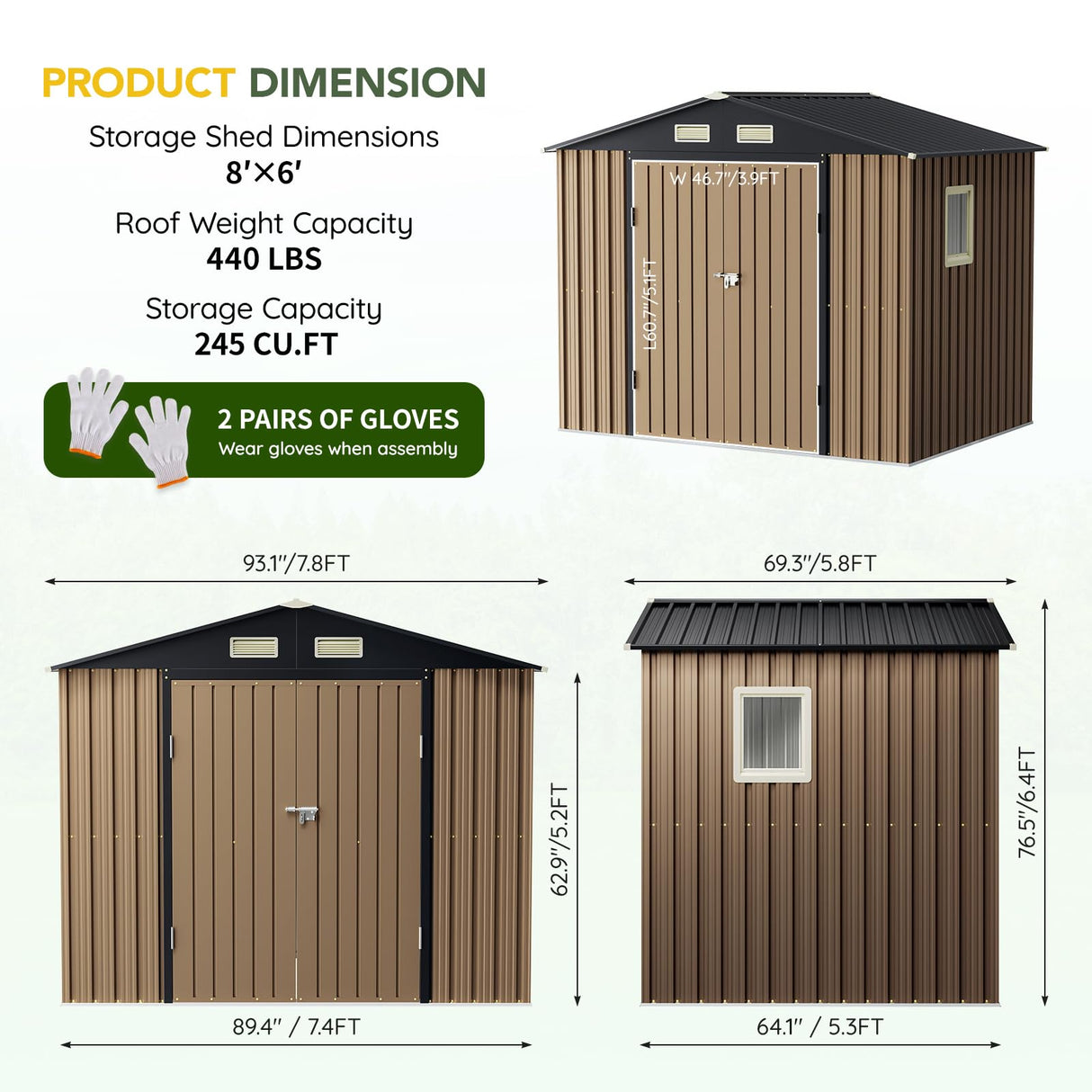 Breezz 8x6FT Outdoor Steel Storage Shed with Clear Window, Lockable Doors, Weather-Resistant Metal Tool Shed for Garden, Backyard, Patio, and Utility Storage.Brown BreezZ