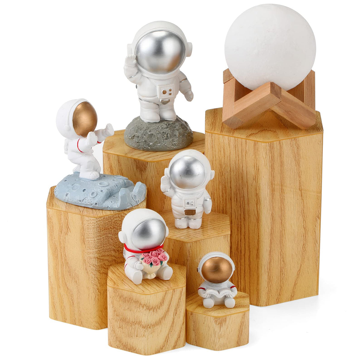 Jetec Hexagonal Jewelry Display Risers Hexagonal Market Display Risers Stands Acrylic Showcase Acrylic Stand for Jewelry Model Figures Decoration, 6 Sizes(Woodgrain,12 Pieces) Jetec