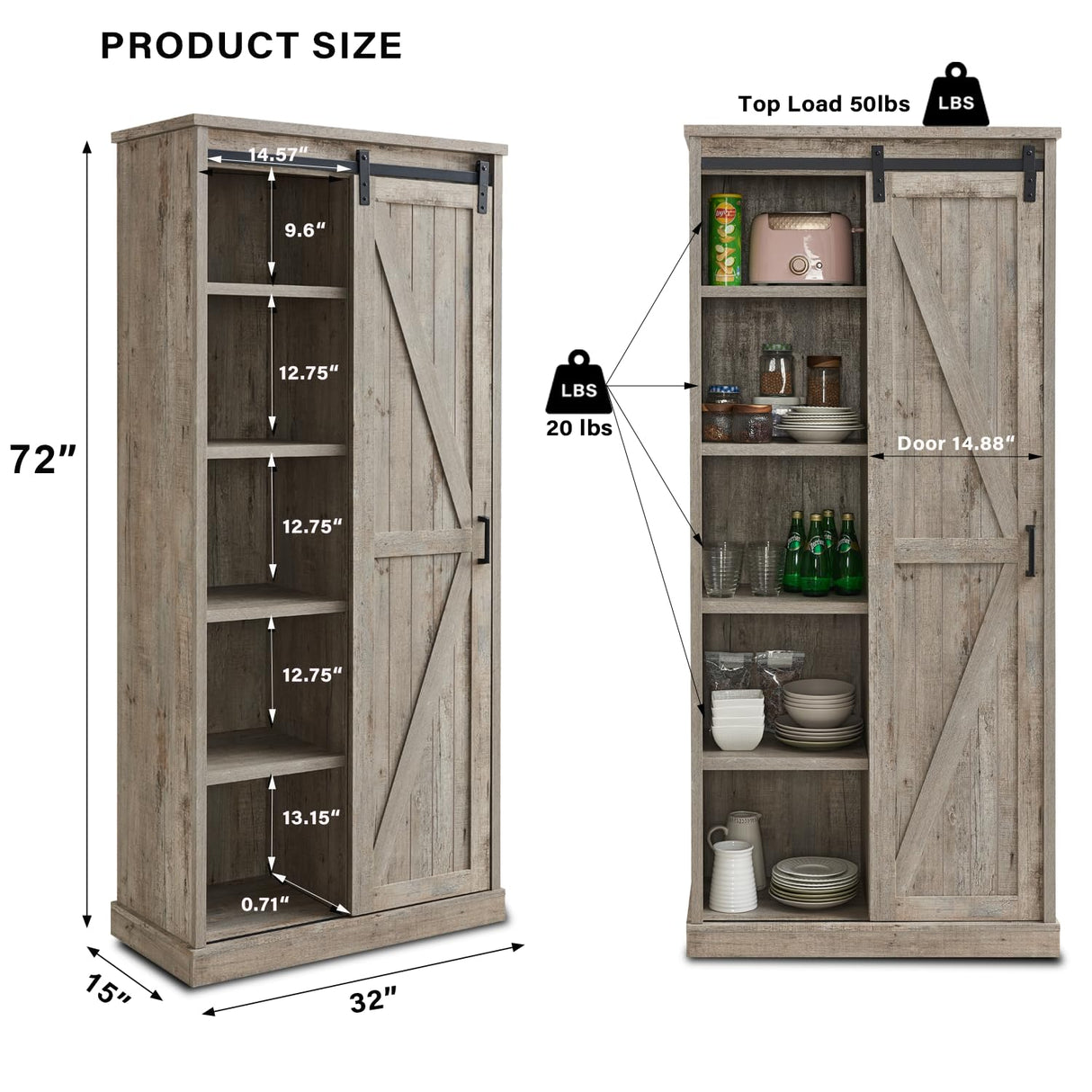 vimitty 72" Tall Farmhouse Storage Cabinet, Large Kitchen Pantry with Sliding Barn Doors & Adjustable Shelves, Versatile Cupboard for Kitchen, Dining Room, Bathroom, Light Rustic Oak vimitty