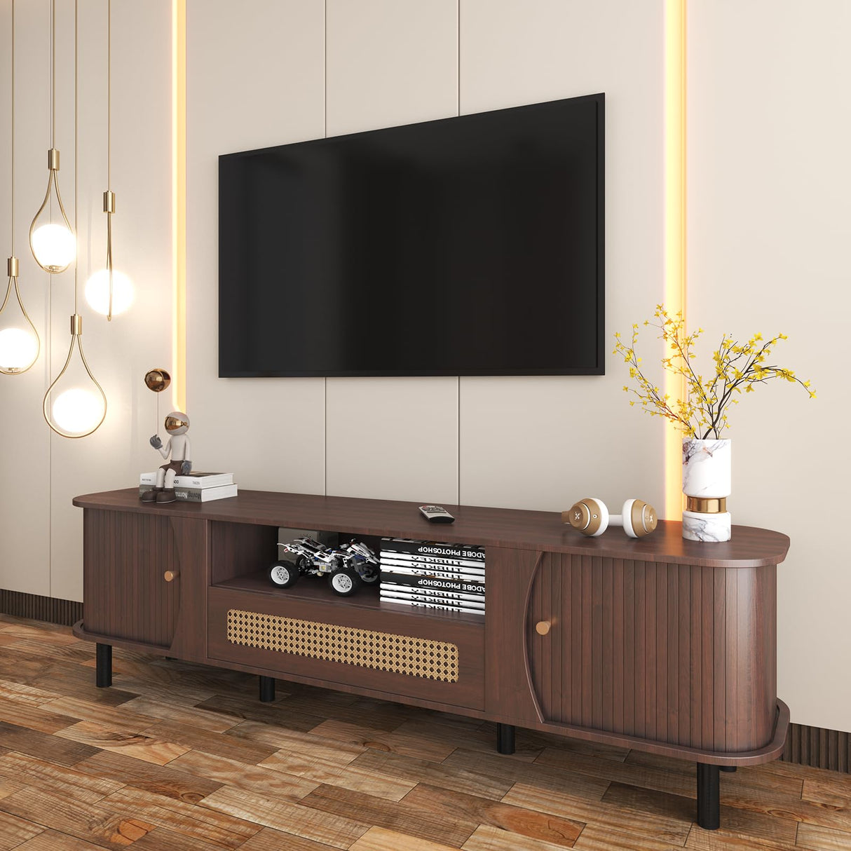 Fluted TV Stand - Modern Wooden Freestanding Entertainment Center Sliding Door TV Cabinet | Farmhouse Curved Round Edge TV and Media Console Table with Storage,Up to 80 inch TVS EXQUAL