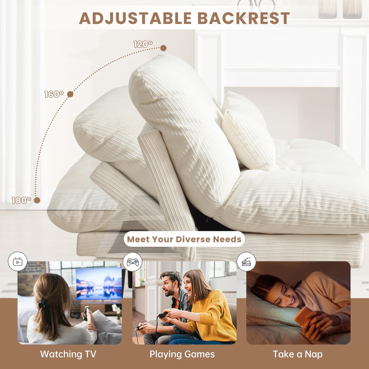 ASAHREE 72'' Corduroy Futon Convertible Sofa Couch,Comfy Sleeper Sofa Bed with Adjustable Backrest, Modern Futon Loveseat for Living Room, Bedroom, Office, Apartment, Dorm, White ASAHREE