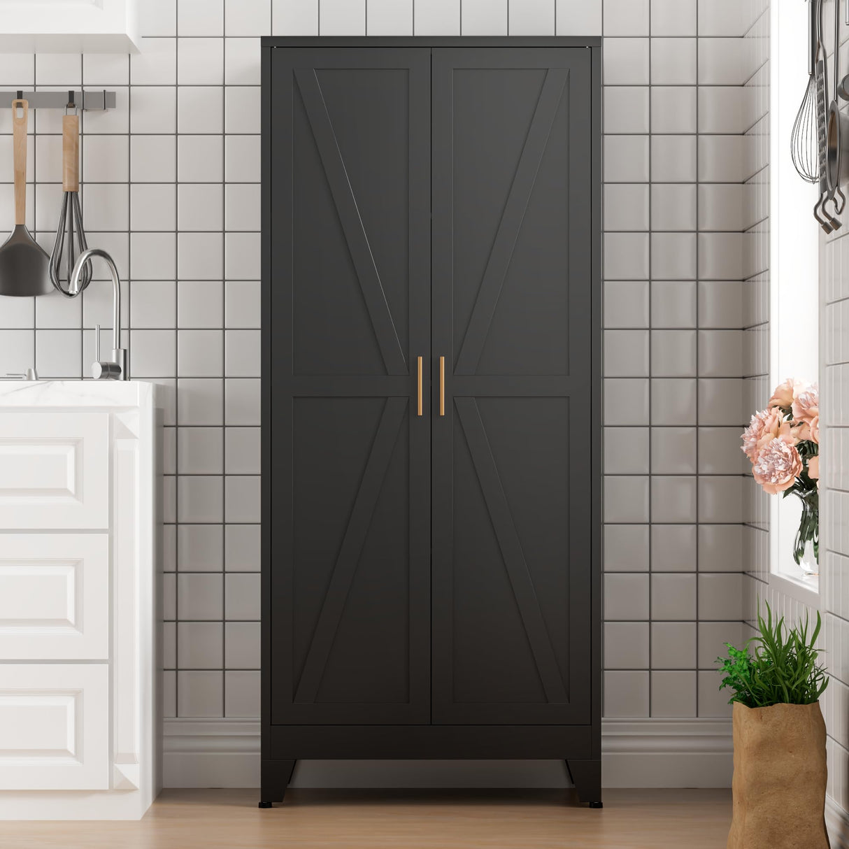 COFaR Black Farmhouse Storage Kitchen Pantry Cabinet with 2 Barn Door, 4 Adjustable Shelves and Legs, for Cupboard/Dining Room/Bathroom/Living Room/Office/Laundry Room (Black, 71" Farmhouse) COFaR