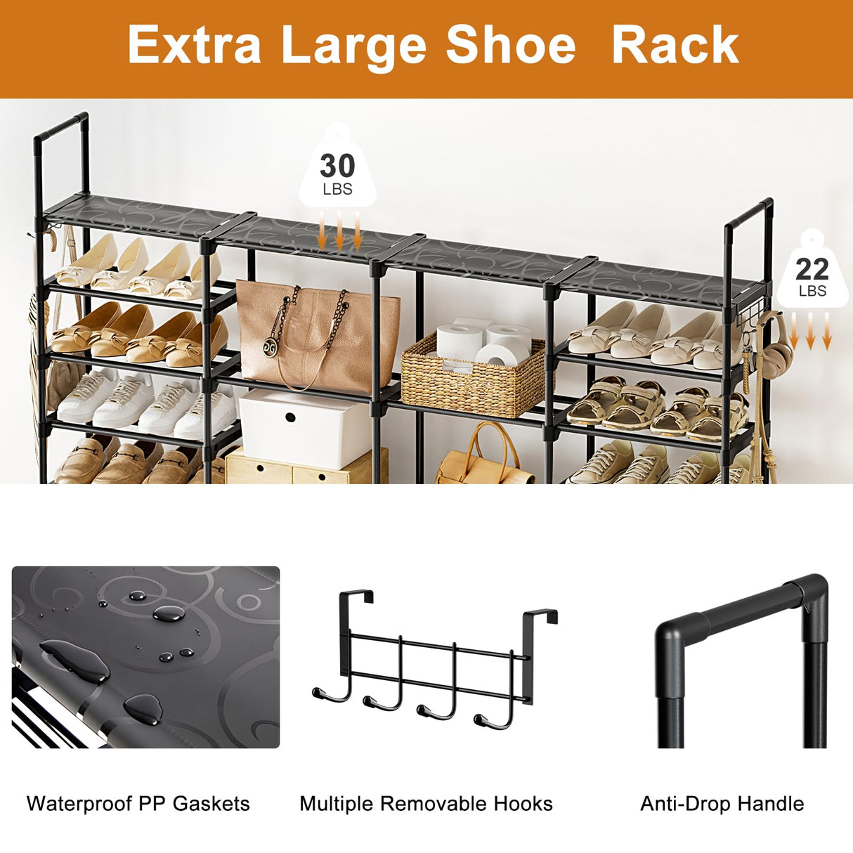 WOWLIVE 4 Row 10 Tiers Extra Large Shoe Rack 72-80 Pairs Big Tall Metal Shoe Shelf, Heavy Duty Organizer for Closet Entryway, Boot Rack Storage Stackable Stand for Garage Black WOWLIVE