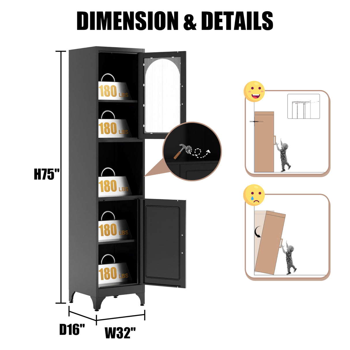 75"H Tall Bathroom Storage Cabinet, Metal Cabinets with Open Compartment, Narrow Storage Cabinet with Doors and Adjustable Shelves, Black Kitchen Pantry, Slim Storage Locker for Bathroom, Living Room MetalMax