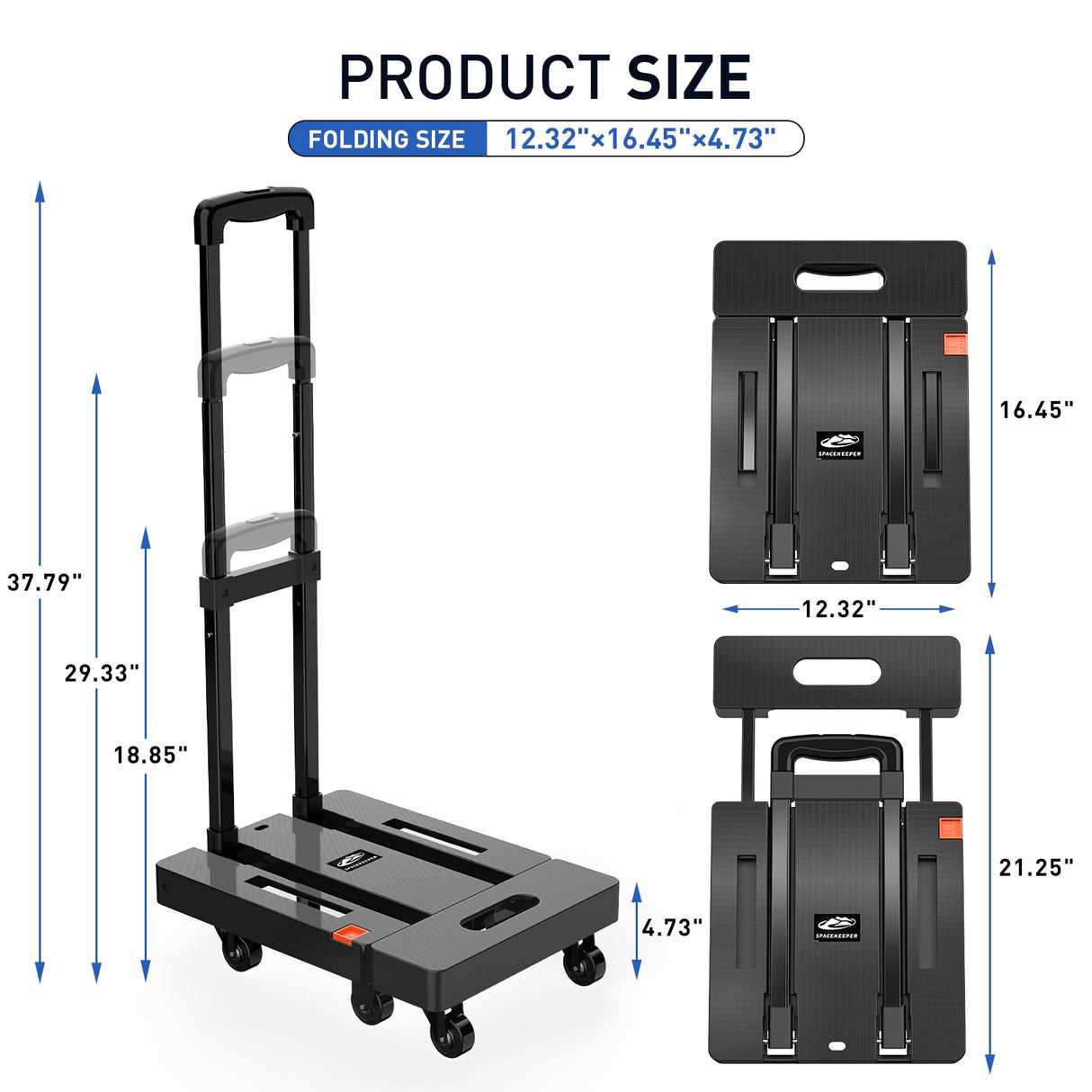 SPACEKEEPER Folding Hand Truck, 500 LB Heavy Duty Luggage Cart, Utility Dolly Platform Cart with 6 Wheels & 2 Elastic Ropes for Luggage, Travel, Moving, Shopping, Office Use, Black SPACEKEEPER