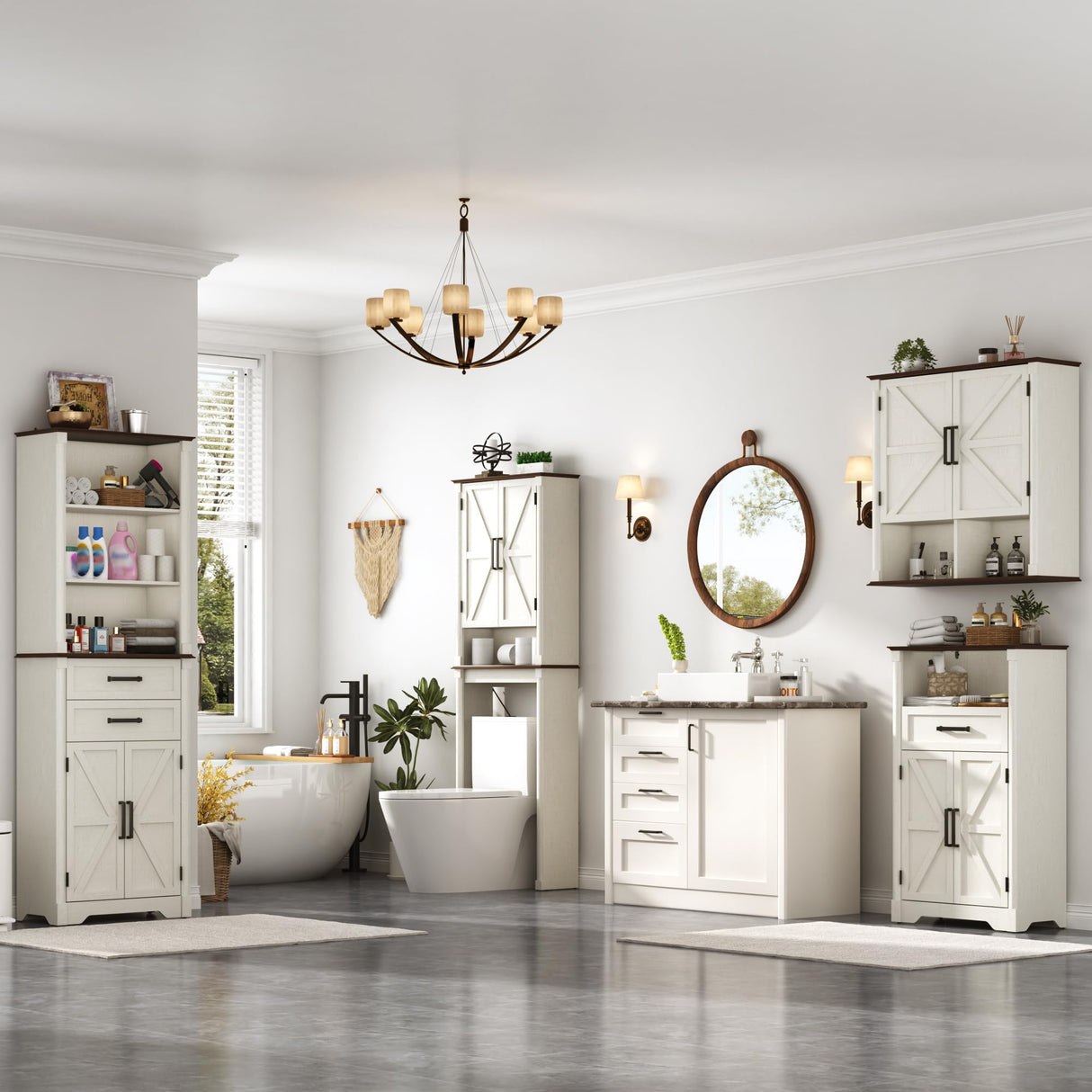 Farmhouse Bathroom Storage Cabinet,Double Wooden Bathroom Wall Cabinet with Roman Column Decor, Farmhouse Medicine Cabinets w Barn Doors,Storage Cabinets Wall Mounted for Kitchen(Rustic White) jiteentarou