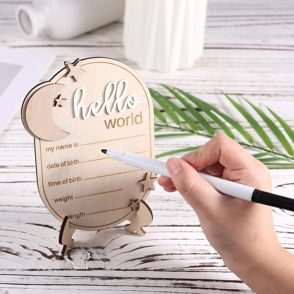Baby Announcement Sign, 5.91x4.33 Inch Wooden Newborn Announcement Sign with Stand Wood Hello World Newborn Baby Name Sign Birth Announcement Sign for Home Hospital Nursery Gosknor