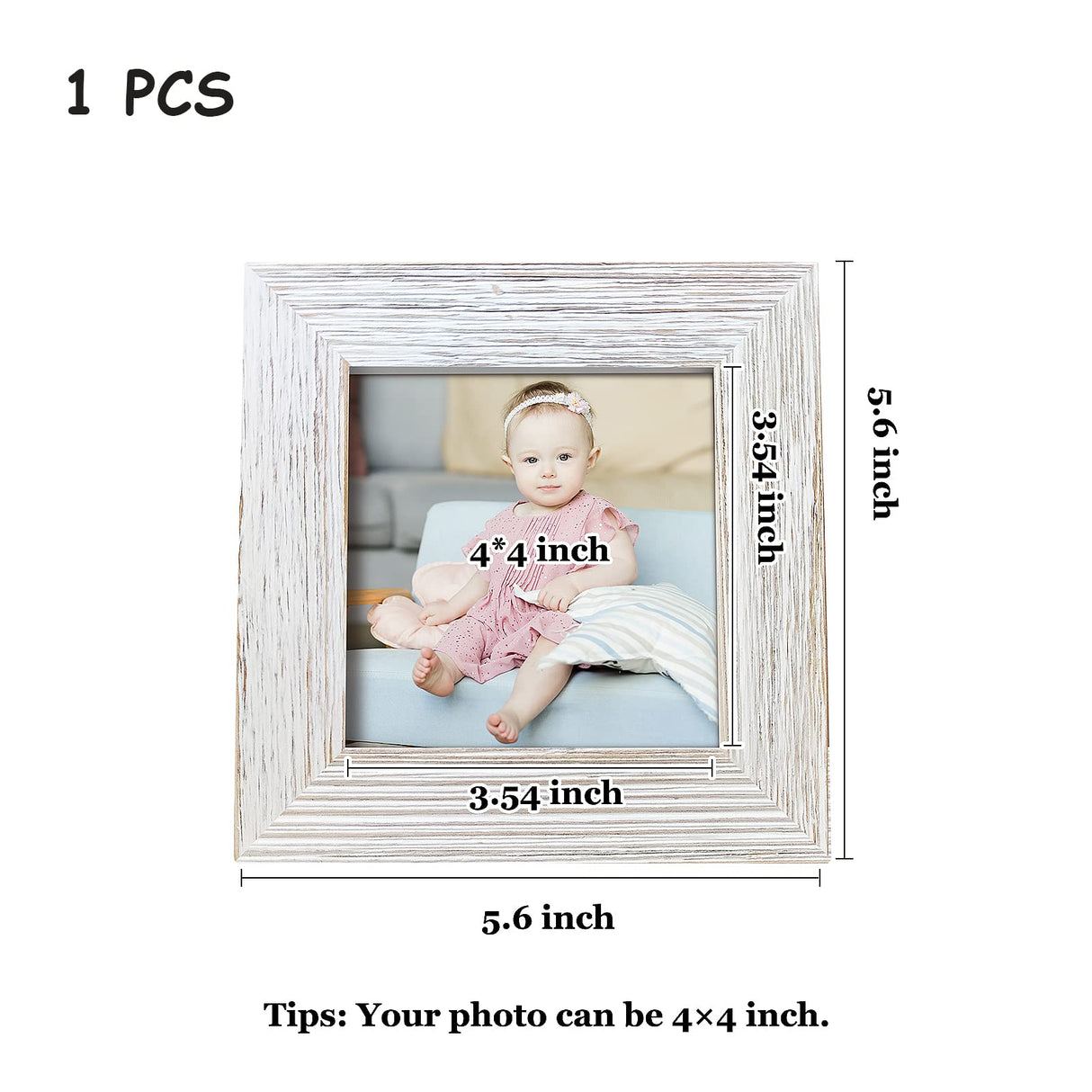 4x4 Picture Frame Square Wood Distressed Simple Striped Border Designed White Wooden Photo Frame with HD Glass for Tabletop Display Wall Mount Wedding Baby Family Farmhouse Collage Home Office Decor… OKSQW