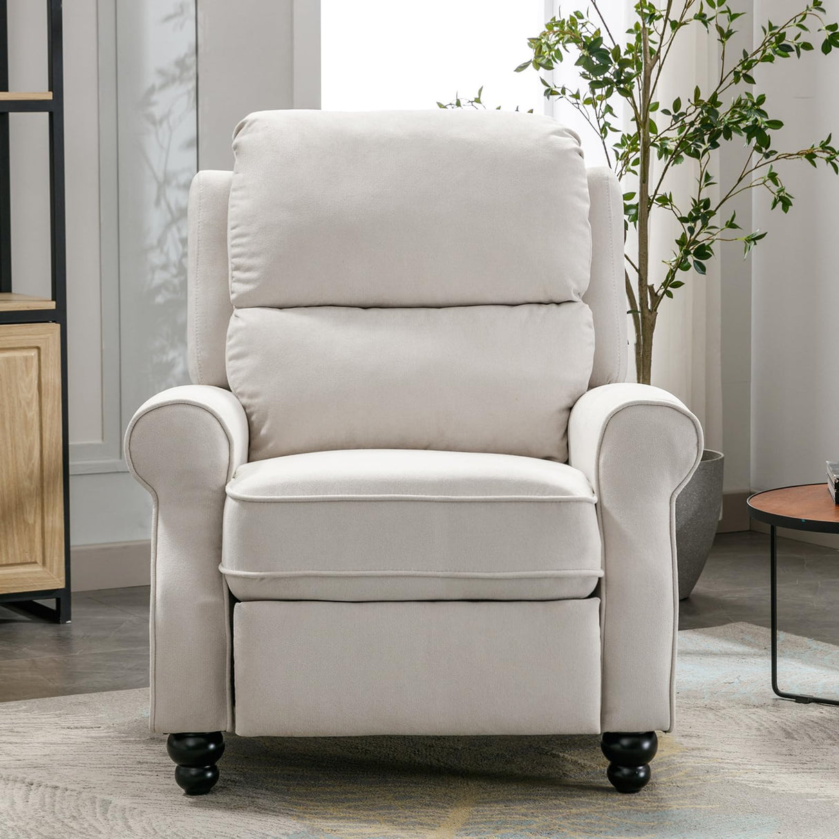 IOMOR Push Back Recliner Chair, Fabric Armchair Overstuffed Pushback Recliner, Heavy Duty Single Sofa Chair with Padded Seat Solid Wood Legs for Living Room (White) IOMOR