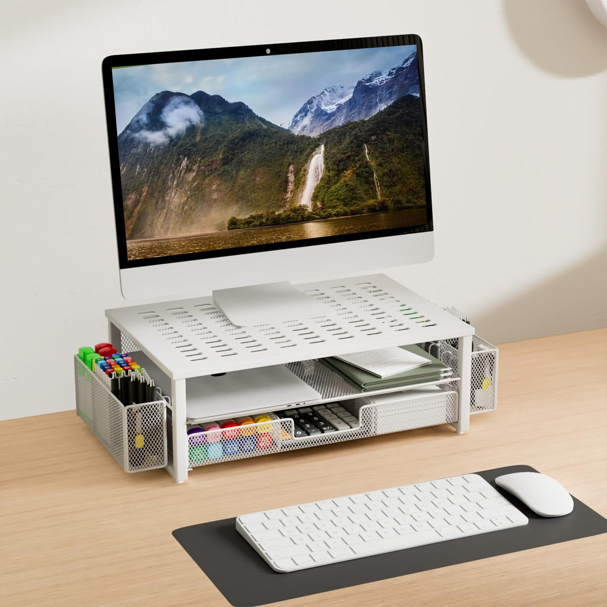 gianotter Monitor Stand Riser, Desk Organizer with Drawer and Pen Holder, 2-Tier Computer Stand, Desk Accessories & Workspace Organizers(White) gianotter