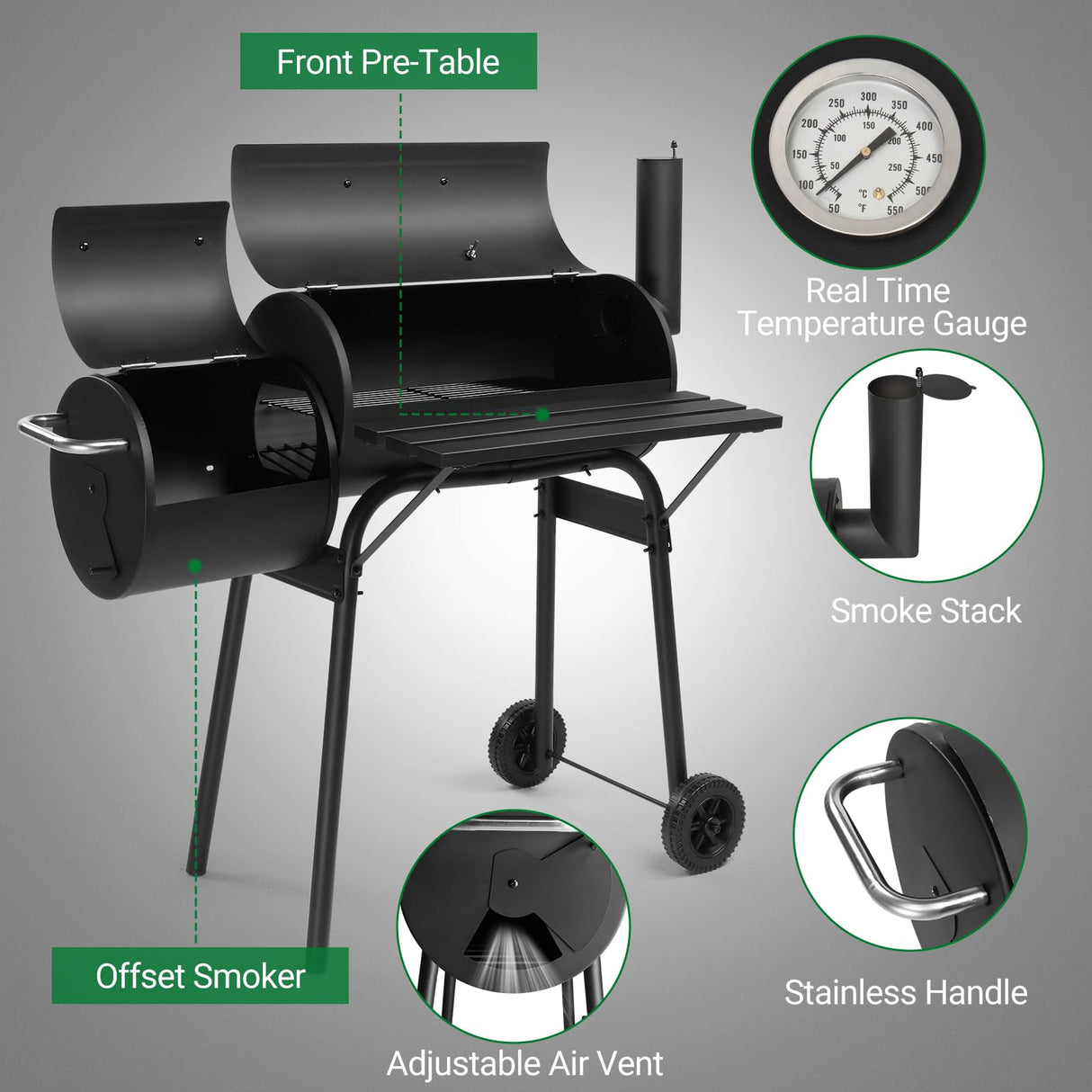 Outdoor Barrel BBQ Grill,Barrel Charcoal Grill with Offset Smoker, All Metal Outdoor Smoker with Side Table and Wheels for Outdoor Garden Patio and Backyard Cooking Shyneer