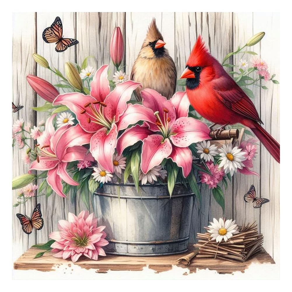 Stalente Diamond Painting Kits for Adults Cardinal and Flower, 5D DIY Diamond Art Kits for Beginners Round Full Drill Diamond Painting for Home Wall Decoration Gift 12×12inch, Bird Stalente