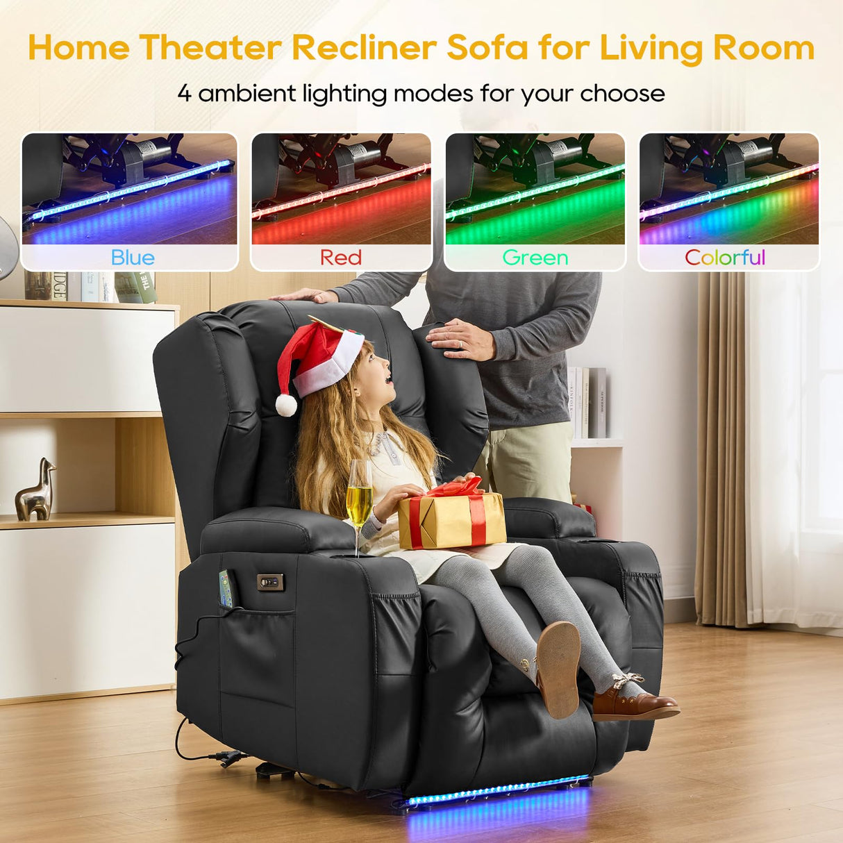 IPKIG Power Recliner Chair with Massage and Heat, Electric Recliner for Living Room, Home Theater, Bedroom, with LED Lights, USB Charger, Cup Holders, Side Pockets & Lumbar Pillow (1, Black) IPKIG