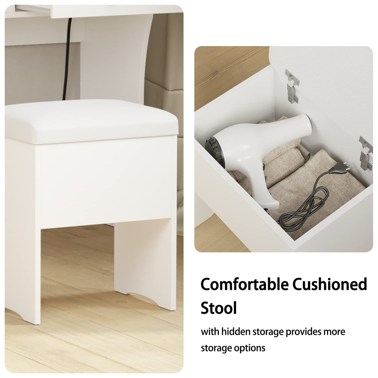 IRONCK Vanity Desk Set with LED Lighted Mirror & Power Outlet, Makeup Vanity Table with 4 Drawers,Storage Bench,for Bedroom, Bathroom, White IRONCK