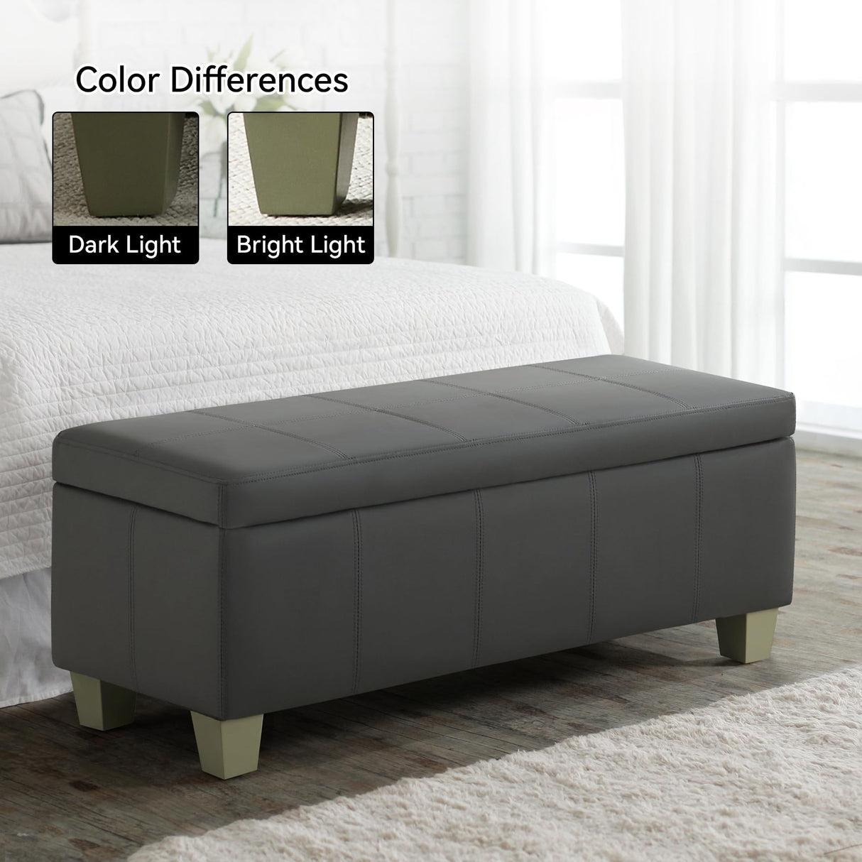 WUTUTUEE 41" Faux Leather Storage Ottoman, Stitch Tufted Rectangle Upholstered End of Bed Storage Bench, Entryway Large Couch Ottoman with Wooden Legs,Dark Grey WUTUTUEE