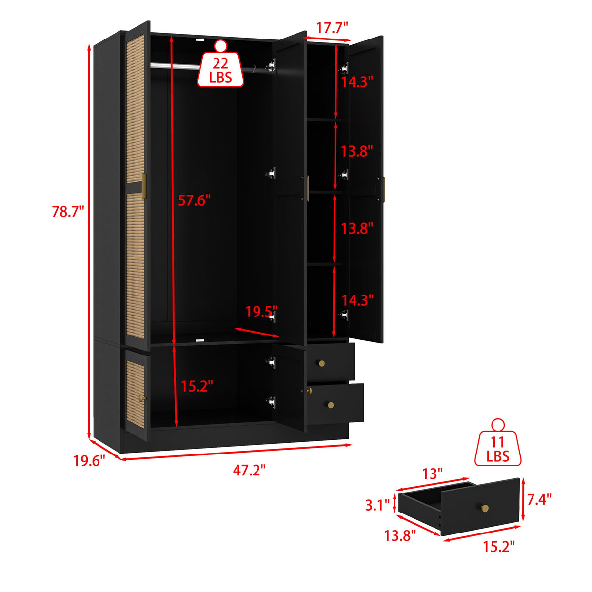 Homsee 47.2”W Rustic Wardrobe Armoire Closet with 5 Rattan Doors, Closet Cabinet with Hanging Rod, Drawers & Shelves, Cloth Organizer for Bedroom, Black and Brown Homsee