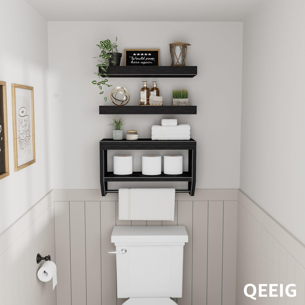 QEEIG Bathroom Floating Shelves for Wall - Shelf Over Toilet Paper Storage Farmhouse 16 inch Set of 3, Black (028-40B3) QEEIG