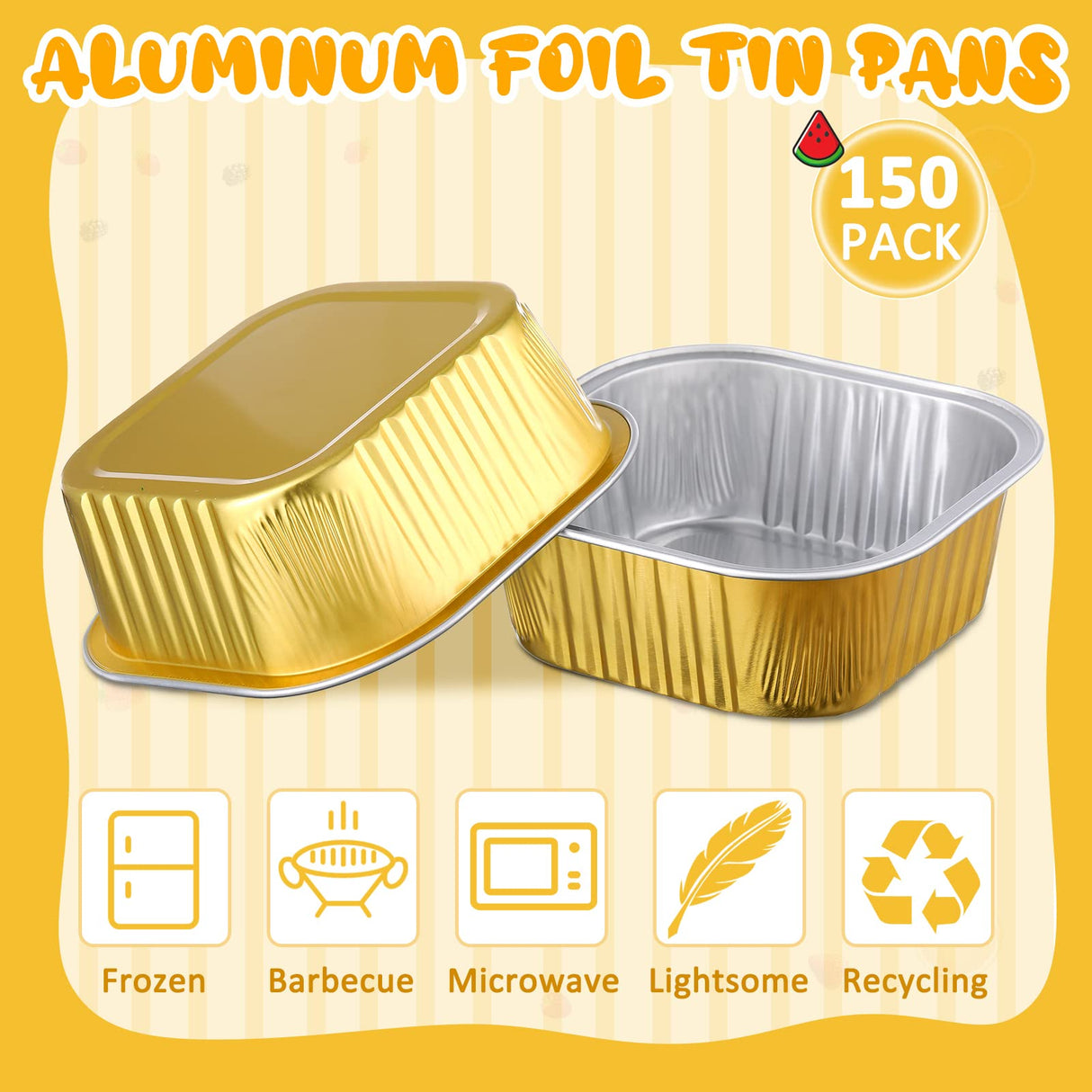 Aoriher 150 Pieces 10 oz Mini Cake Pans with Lids Aluminum Foil Baking Cups Square Disposable Cupcake Cups Baking Tins for Kitchen Brownie Pudding Desserts Muffin Ramekins Holders(Gold) Aoriher
