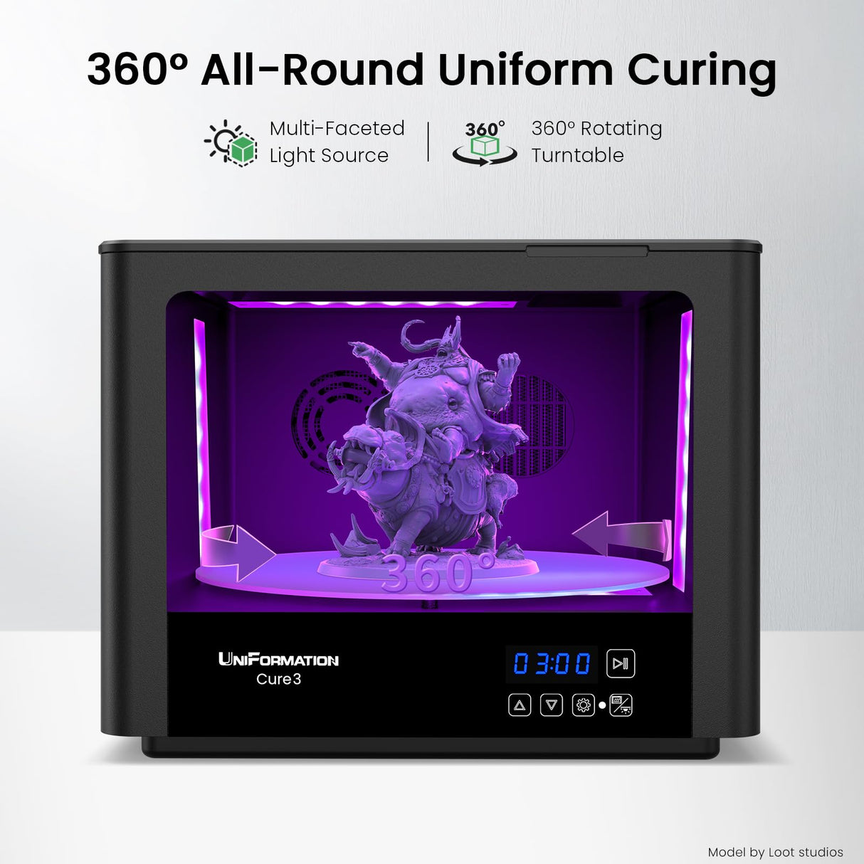 UniFormation Cure3 Curing Machine 405nm UV Resin Curing Station with 360° Turntable D282 x H162 mm Curing Box for GK3 Pro GK3 and Other Resin 3D Printers Within 10.3 inches Uniformation