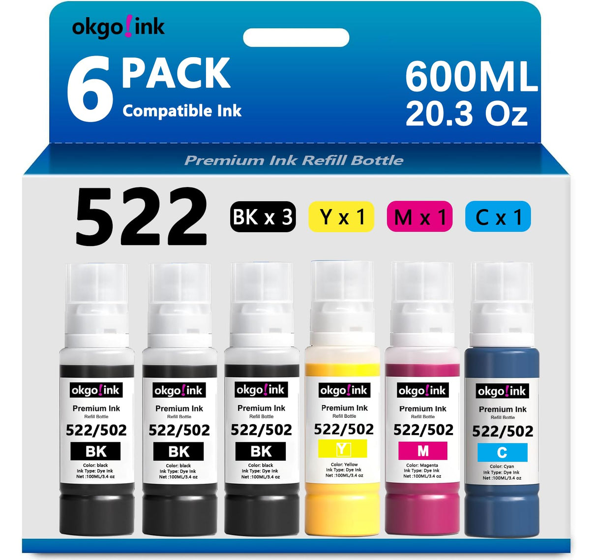 okgo 522 T522 Ink High Capacity Refill Bottles (20.3 Fl Oz) Replacement for Epson 502 Ink Use for EcoTank ET-2720 ET-2800 ET-2803 ET-2840 ET-4700 ET-4800 ET-4810 (6 Pack, 600ml) Black Color Combo OKGO!INK