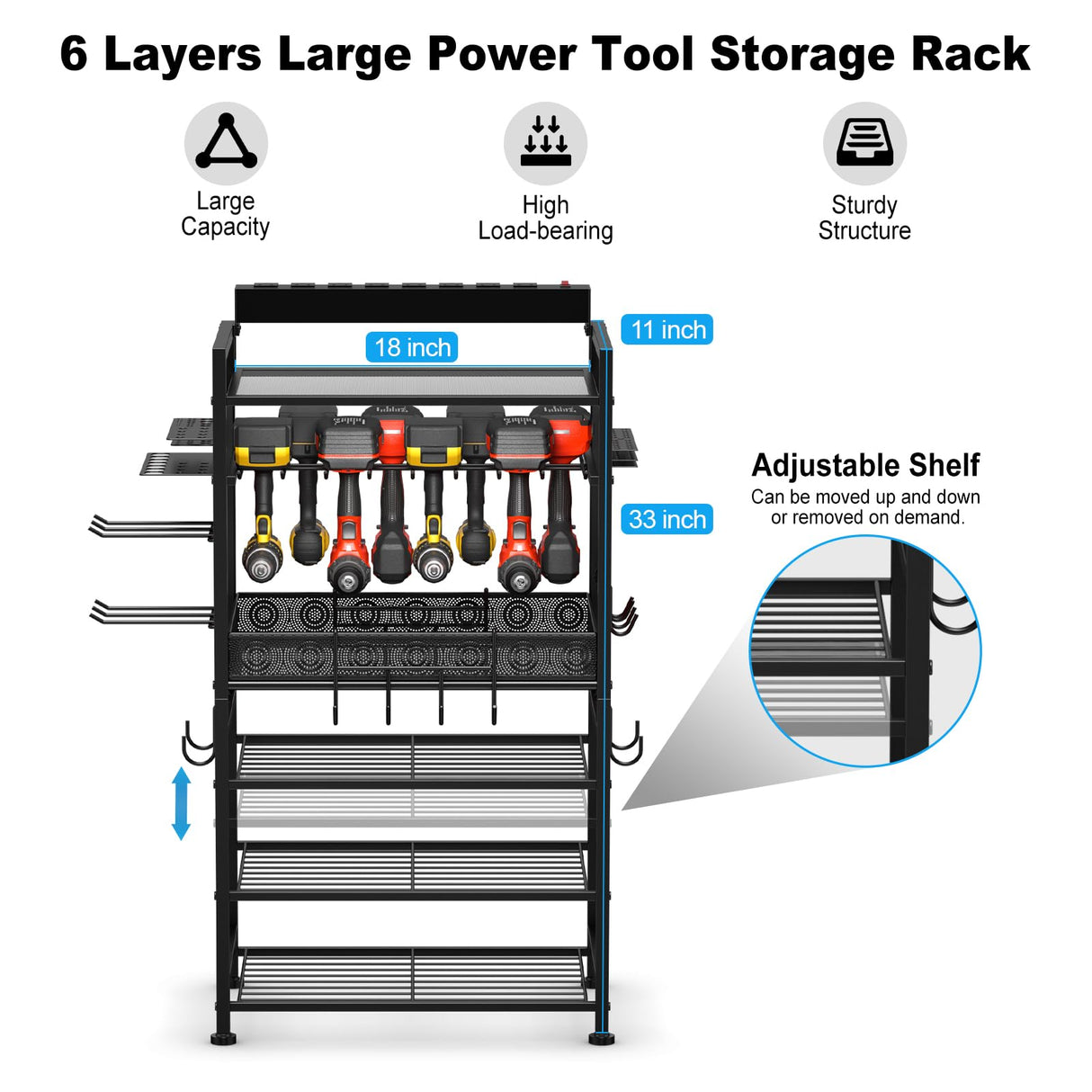 JUNNUJ Power Tool Organizer Floor Stand with Charging Station, Garage Adjustable Storage Rack Utility Tool Shelf with 8 Outlet 10 FT Power Strip, Heavy Duty Drill and Battery Holder JUNNUJ