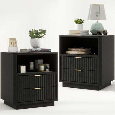 Fluted Nightstands Set of 2, Black Night Stands with 2 Drawers and Open Shelves, Wooden Bedside Table Modern Design End Table for Bedroom Sofa Office (2, Black)