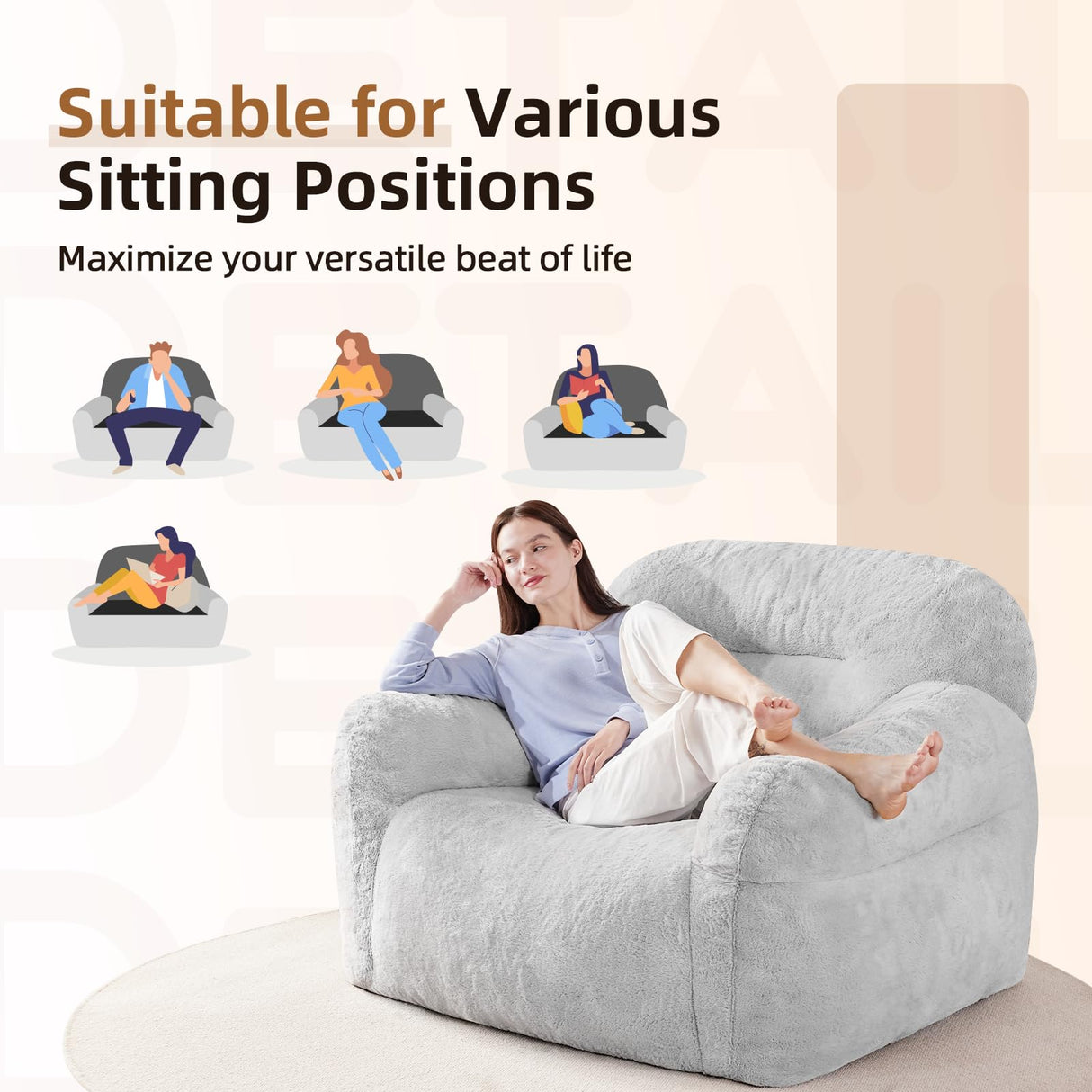 Spacocld Giant Bean Bag Chair for Adults - Large Bean Bag Couch with Armrests, Bean Bag Sofa Stuffed High-Density Foam, Plush Lazy Sofa Comfy Chair, BeanBag Couch for Bedroom, Living Room (Light Grey) Spacocld