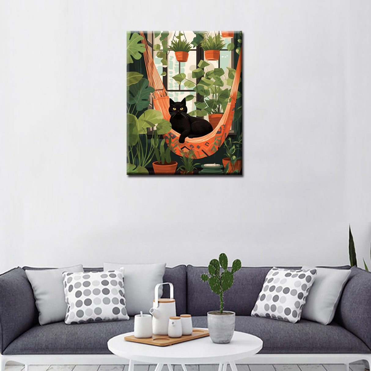 Cat and Pottings DIY Paint by Numbers for Adults Black Cat Laying on Hammock Surrounded by Green Plants DIY Oil Painting Acrylic Paint Art Graffiti Painting Kit Canvas 16x20 Inch(without Frame ) Tucocoo