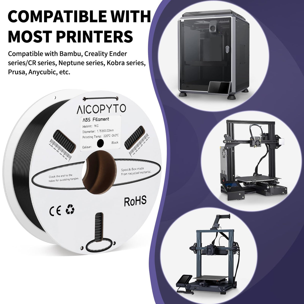 AICOPYTO ABS Filament 1.75mm, 3D Printer Filament Dimensional Accuracy +/- 0.02mm, 1KG Cardboard Spool (2.2 lbs) 3D Printing Filament Fits for Most FDM 3D Printers - ABS Black AICOPYTO