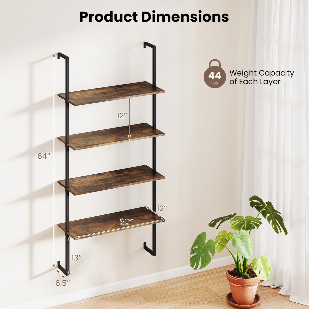Tangkula 4-Tier Wall-Mounted Bookshelf, Industrial Floating Storage Display Shelves with Metal Frame, Wall-Mounted Ladder Wooden Bookcase for Living Room, Kitchen, Bar, Office (1, Brown) Tangkula