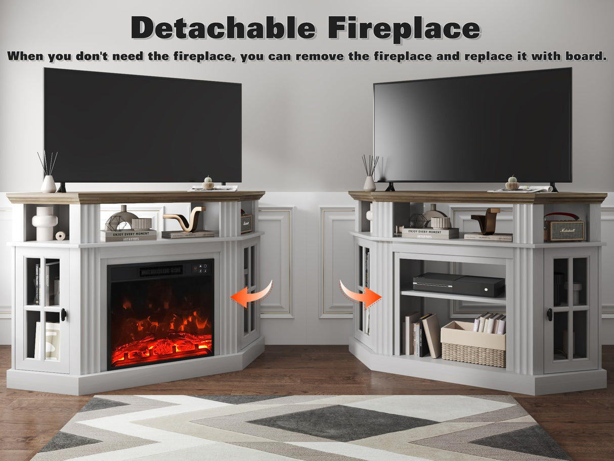 YESHOMY Corner Fireplace TV Stand for Television up to 55" with Storage Cabinets, Entertainment Center, Media Console for Living Room, Bedroom, White&Rustic YESHOMY