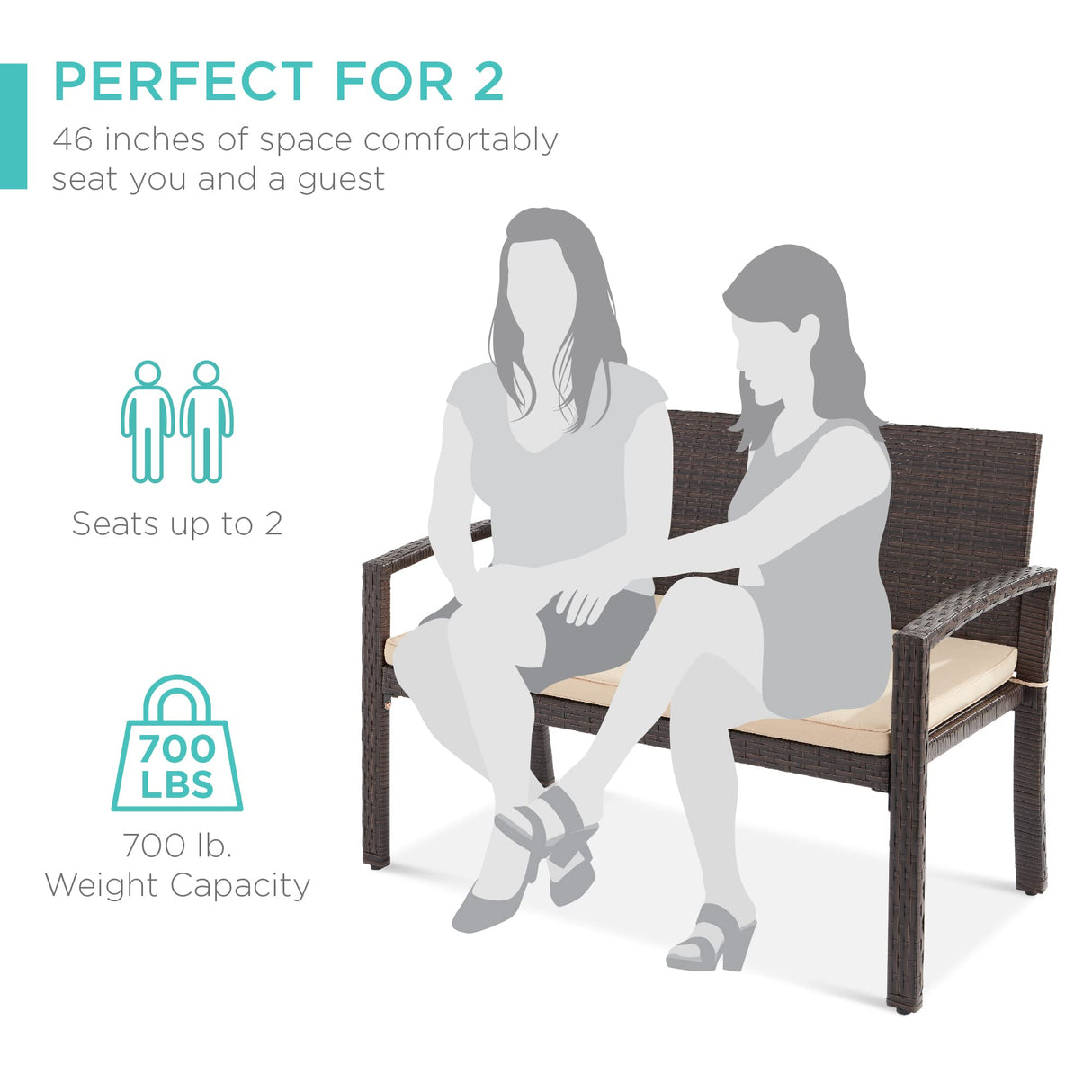 Best Choice Products Outdoor Bench 2-Person Wicker Garden Patio Benches Seating Furniture for Backyard, Porch w/Seat Cushion, 700lb Capacity - Brown/Tan Best Choice Products