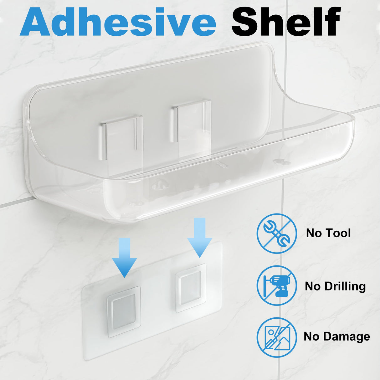 Kawfle Adhesive Shower Caddy, 2 Pack Acrylic Bathroom Shelves, No Drill Wall Mount Organizer Storage Shelf Kawfle