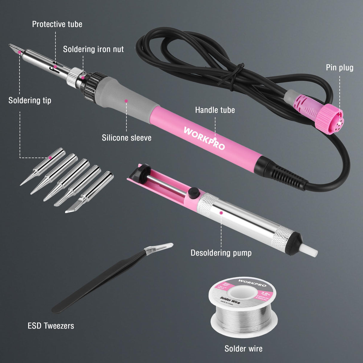 WORKPRO Soldering Station, 60W Soldering Iron Kit Digital Display, 5 Extra Iron Tips, Precision Temperature Control Solder Station for Electronic Repair, DIY Enthusiasts - Pink Ribbon WORKPRO