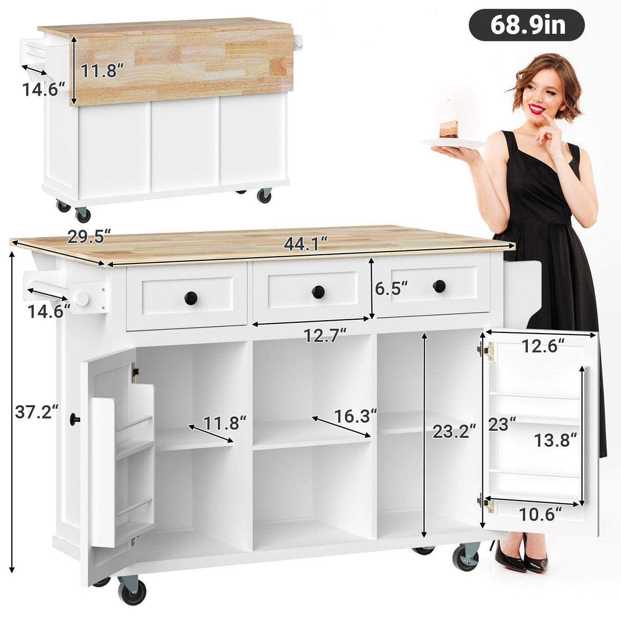 Rovibek Kitchen Island with Drawers 53 in Rolling Island Cart Mobile Solid Wood Portable Islands on Wheels with Storage Cabinet & Drawers, White Rovibek