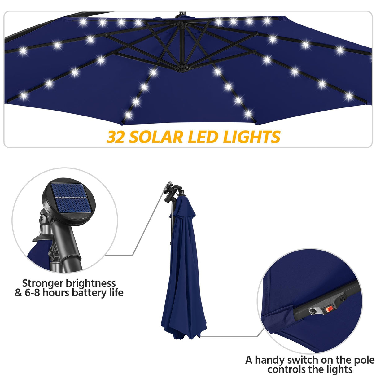 Yaheetech 10FT Solar Offset Umbrella with 32 LED Lights Cantilever Hanging Outdoor Umbrellas Handy Crank & Cross Base for Lawn/Deck/Backyard/Pool Navy Blue Yaheetech