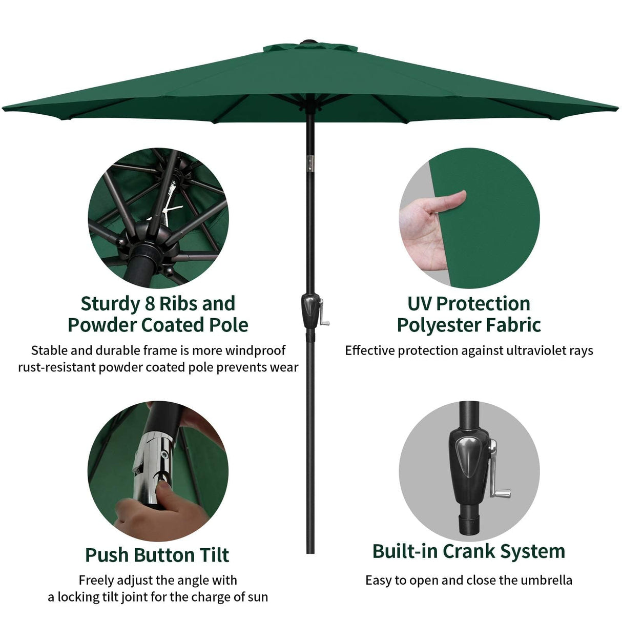 Simple Deluxe 9' Patio Umbrella Outdoor Table Market Yard Umbrella with Push Button Tilt/Crank, 8 Sturdy Ribs for Garden, Deck, Backyard, Pool, Green Simple Deluxe