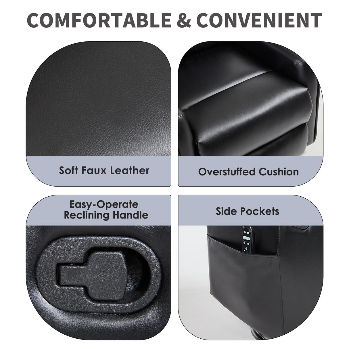 Trustyue Swivel Rocker Recliner Chair, 360° Swivel Recliner with Heat and Massage, Rocker Recliner Nursery Glider Chair with Side Pockets for Living Room (Black, Faux Leather) Trustyue