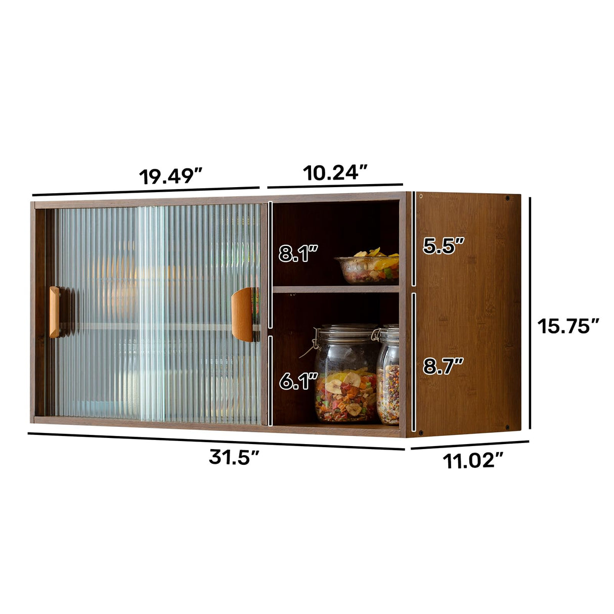 HollyHOME Bamboo Wall Mounted Kitchen Sideboard with 2 Sliding Glass Door, Freestanding Wall Storage Cabinet with Side Shelf for Bottle, Dish, Bowl, Console Dining Cupboard, Walnut HollyHOME